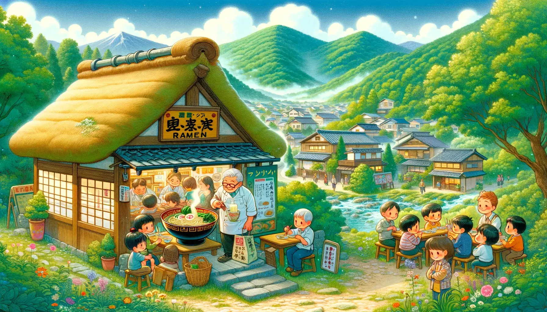 DALL·E 2024-06-03 10.36.26 - Illustration in a fairy tale style_ A charming countryside scene with a small, traditional Japanese ramen shop named Olda Ramen nestled at the foot 