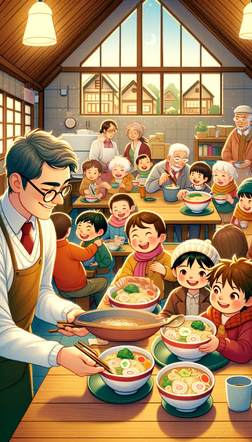 DALL·E 2024-06-03 10.41.30 - Illustration in a fairy tale style without any text_ Focus on a childrens cafeteria with happy children enjoying bowls of ramen. The scene is warm an