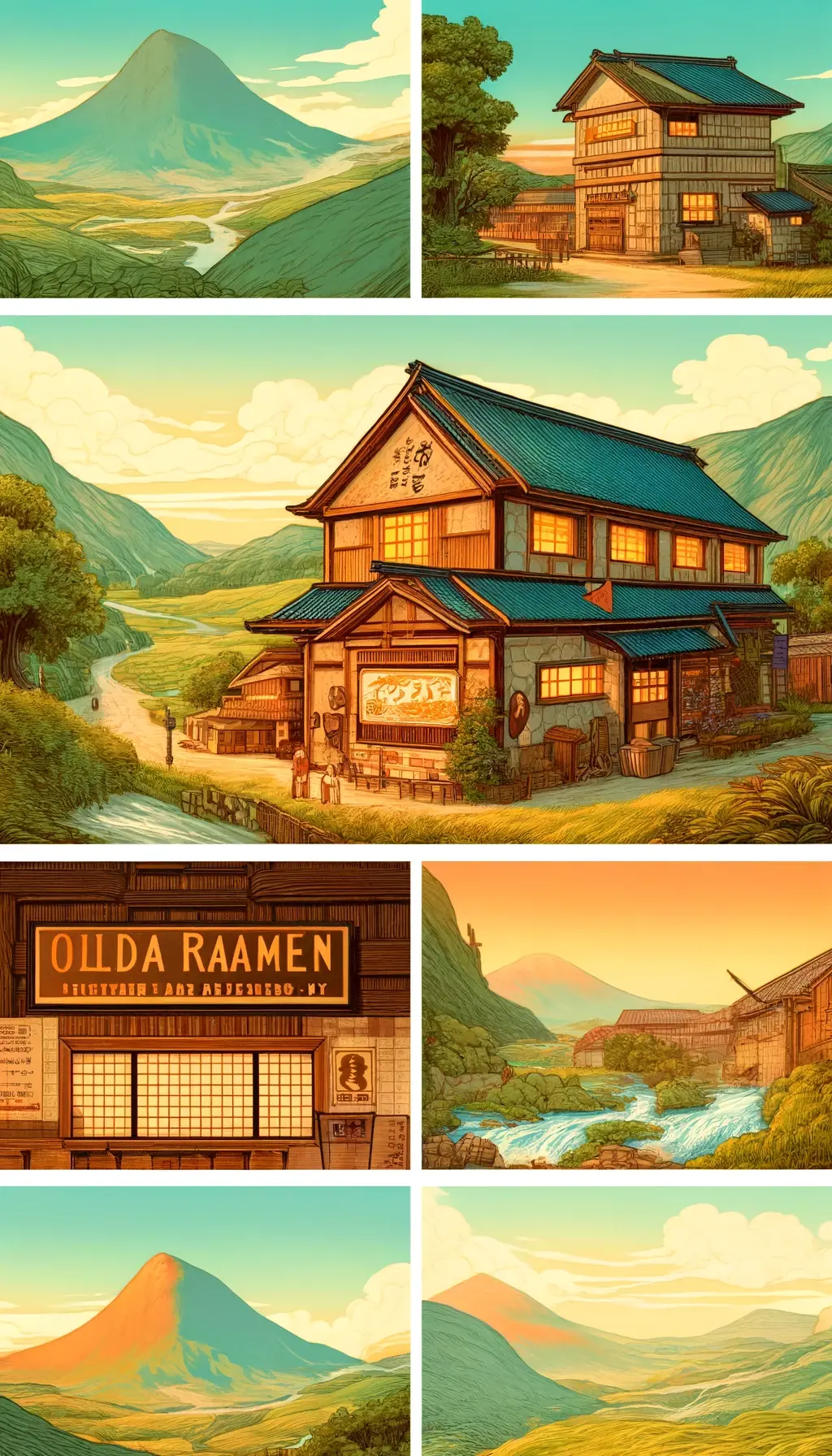 DALL·E 2024-06-03 10.44.16 - Illustration in a fairy tale style, similar to the left-side image, without any text_ Depict a ramen factory in Hida Takayama named Olda Ramen Factory